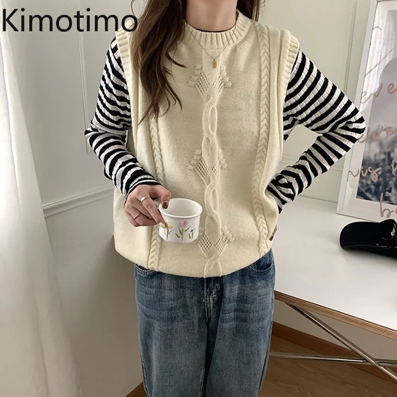

Kimotimo Twist Sweater Vest Women 2021 Autumn Winter O-neck Gentle Sleeveless Pullover Korean Ins Overlap Sweet Solid Waistcoat