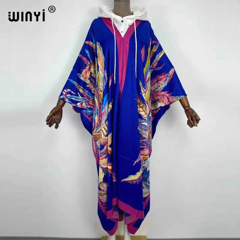 

WINYI Women kaftan fashion Floral Autumn Party Elegant caftan Blue feather printShirt Dress long Sleeve Casual Slim Vestidos