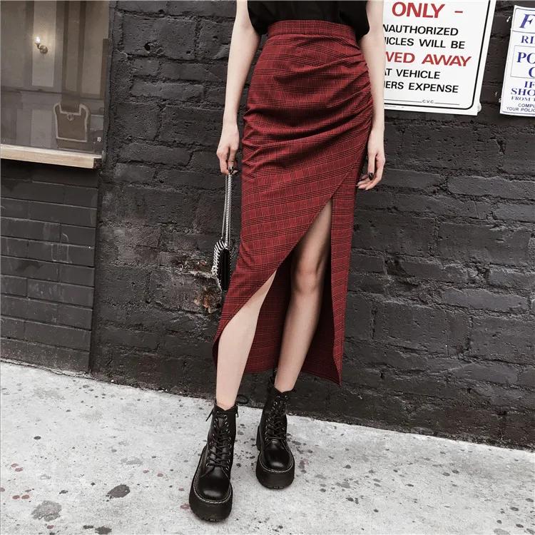 

Красная клетчатая длинная юбка с разрезом и высокой талией, оригинальная тонкая Осенняя тёмная прочная юбка для девушек, крутая и красивая