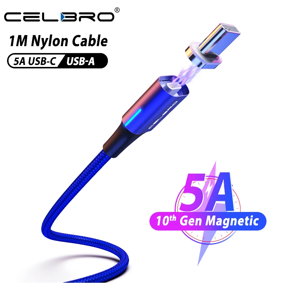 Магнитный кабель USB Type C 5A супер зарядный для быстрой зарядки Type-c 1 м светодиодный