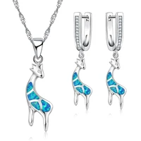 cute giraffe blue imitation fire opal pendants necklaces with earrings jewelry set for women accessories wedding party girl gift