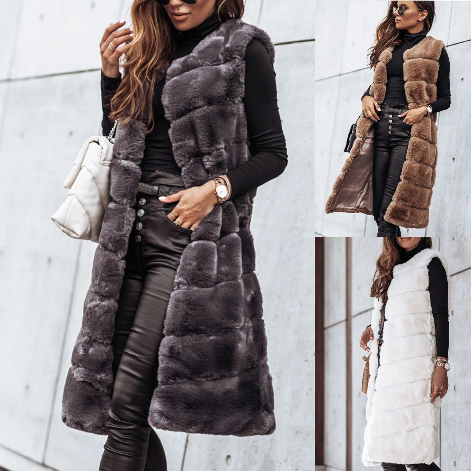 Роскошный жилет куртка женский модный длинный однотонный теплый меховой с