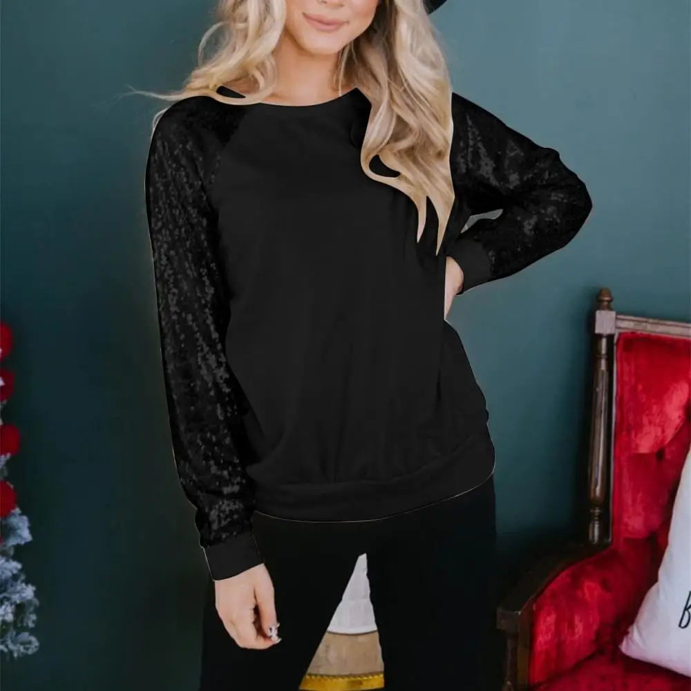 Женский пуловер с длинным рукавом круглым вырезом и блестками | Женская одежда