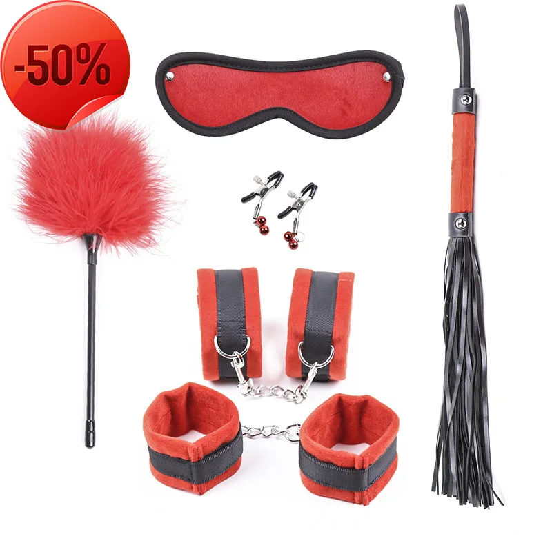 

Fun products black red milk clip feather leather whip handcuffs shackles collar combination 6-Piece set of binding toys