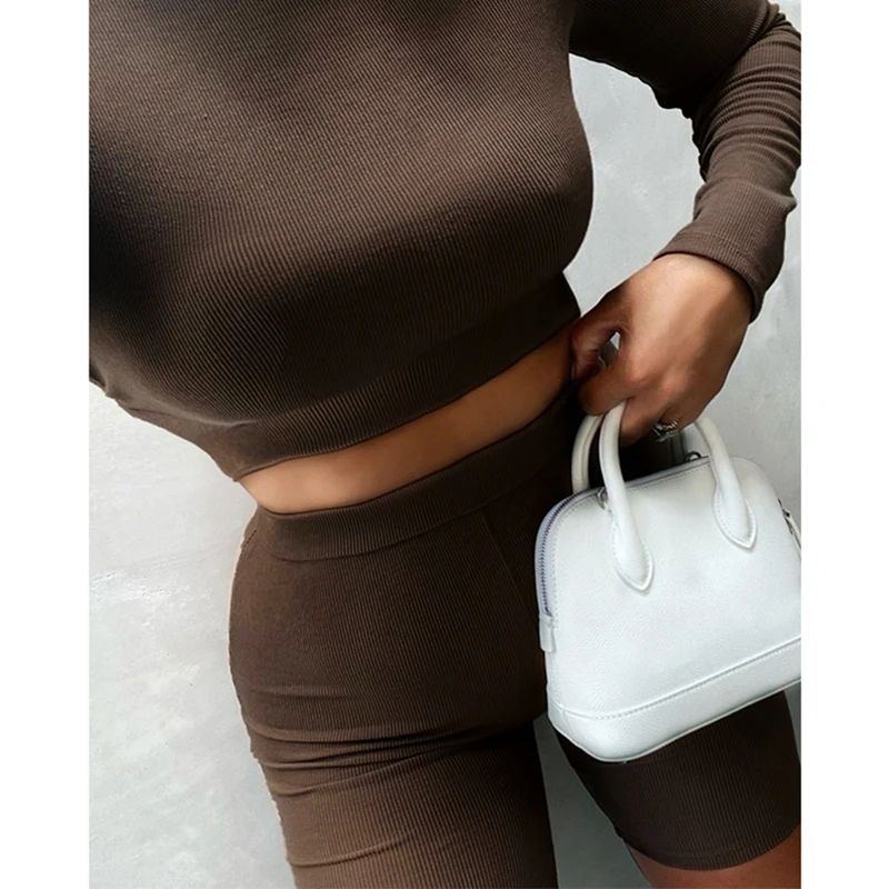 

Women Solid 2 Piece Set Long Sleeve Crop Top Shorts High Waist Bodycon Sexy Streetwear Tracksuit Matching