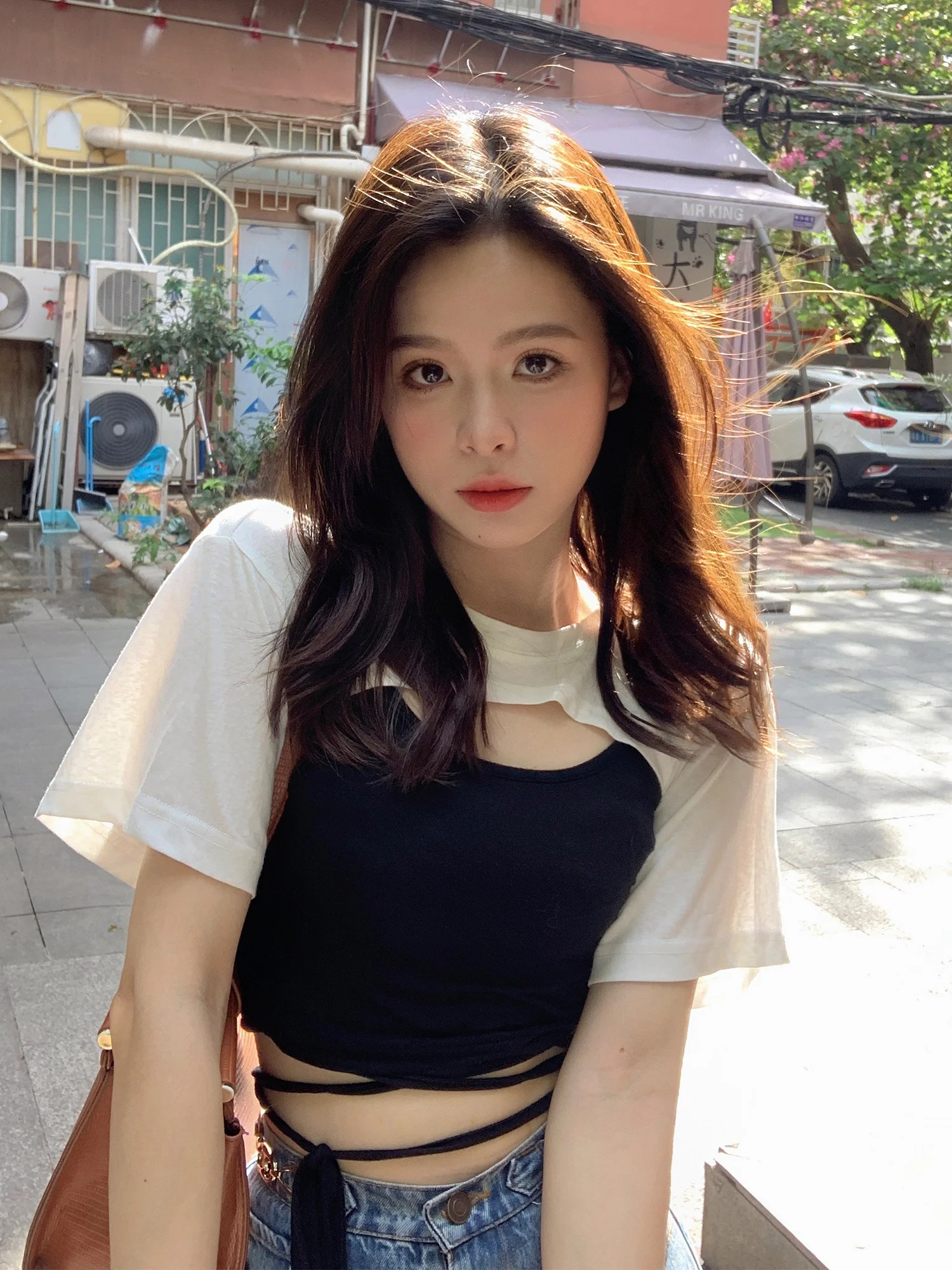 

Fold Two-piece T-shirt Top Female Design Black Strap Sling