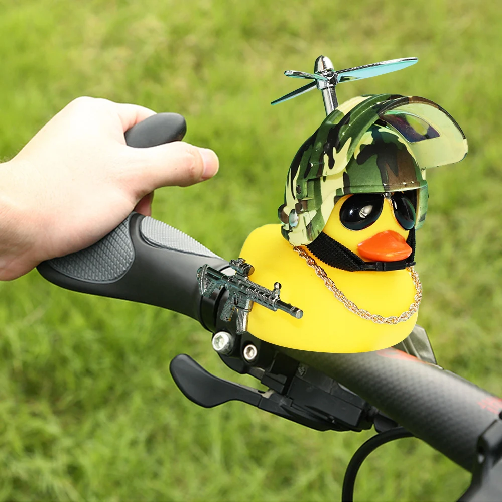 

Yellow Duck Three-level Helmet With Gun Social Duck With Propeller For Bike Motor Duck Car Interior Decoration Cycling Decor