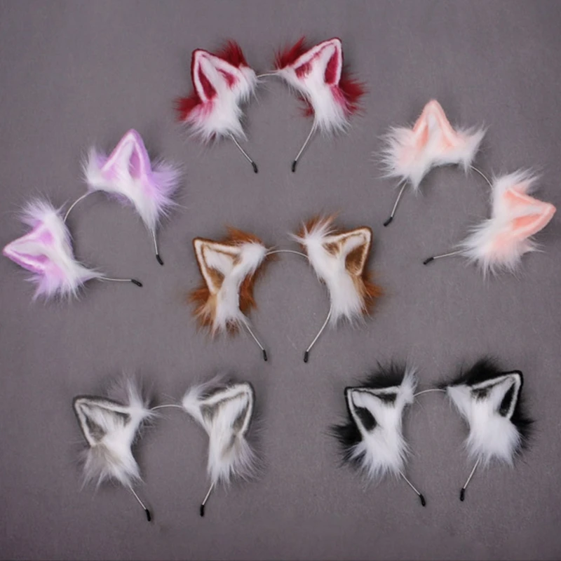

Furry Plush Foldable Wolf Cat Ears Headband Contrast Color Simutation Animal Hair Hoop Japanese Kawaii Cosplay Headpiece