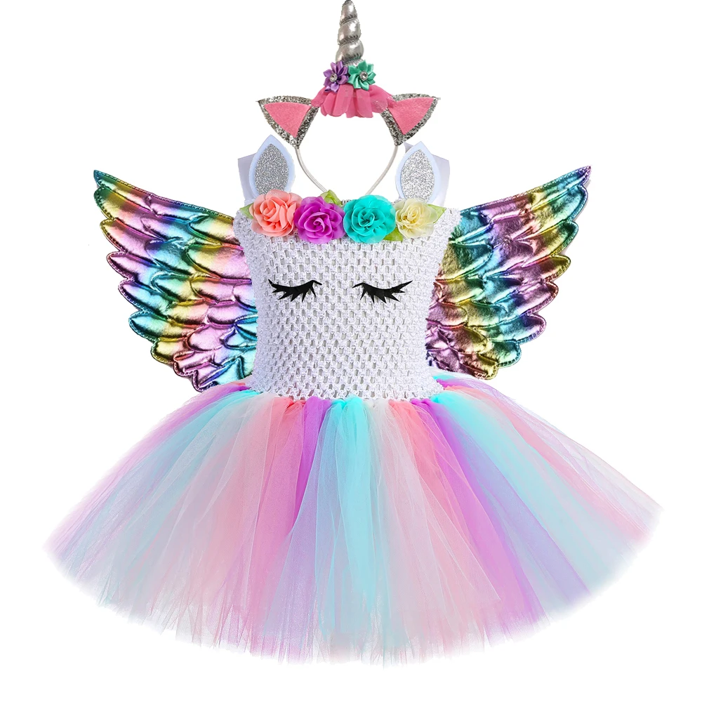 

Pastel Unicorn Tutu Dress Baby Kids Girls Flowers Birthday Masquerade Party Dresses Child Purim Day Halloween Christmas Costume