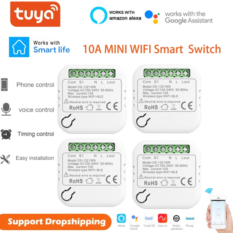 

Умный мини-выключатель Tuya с поддержкой Wi-Fi, 10 А
