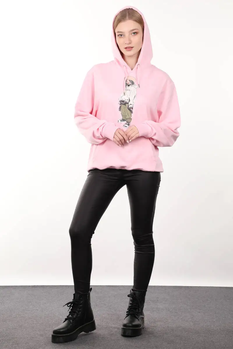 

Pembe Baskl Kaponlu Oversize Kadn Sweatshirt