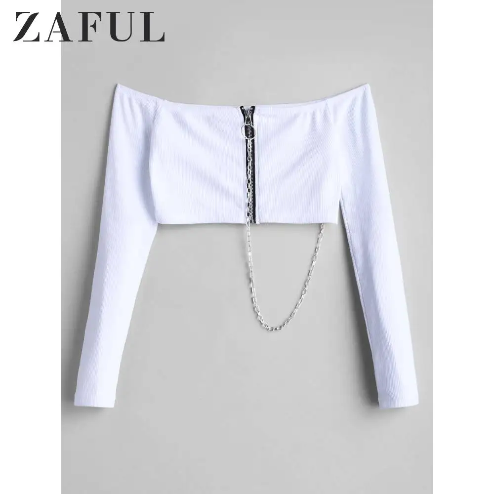 ZAFUL ребристый топ с открытыми плечами цепочкой и молнией спереди для женщин