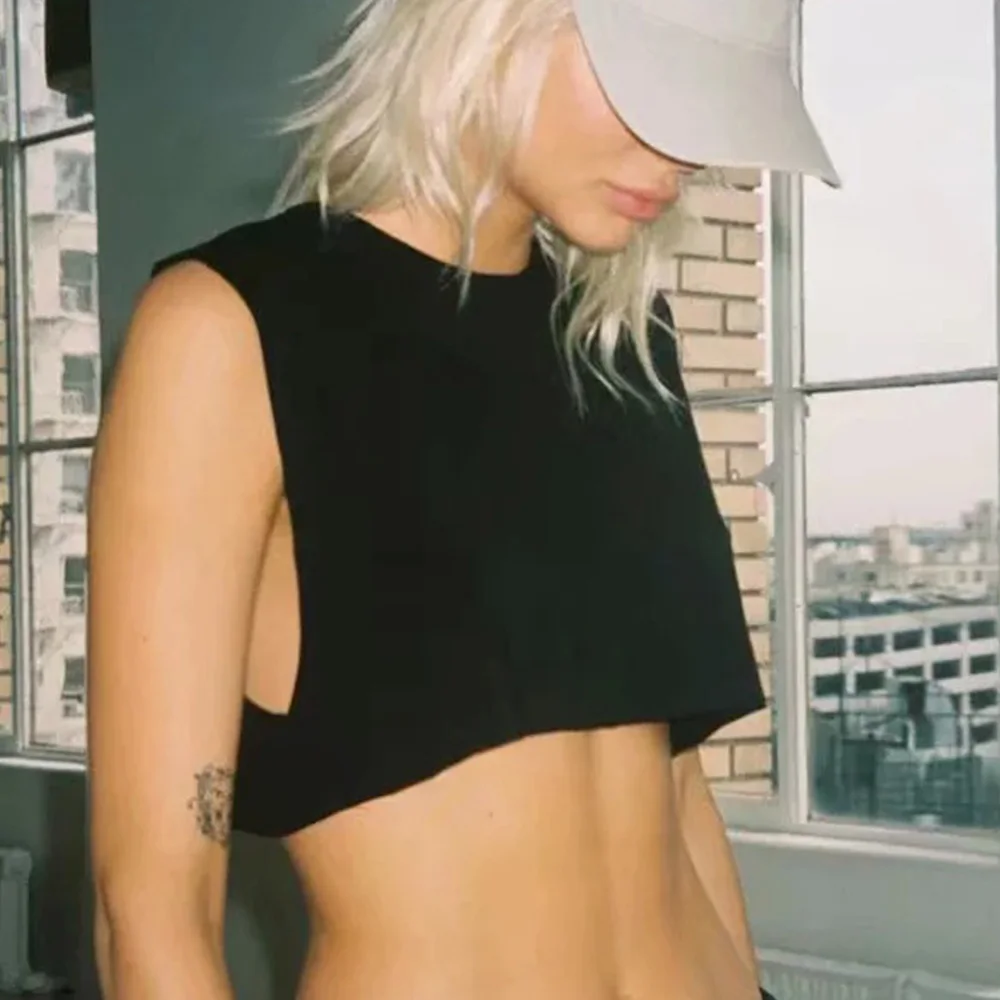 

Sexy Ladies 2021 Summer Casual Loose Sports Vest Solid Color Sleeveless Fitness T-shirt Women Cropped Top Mujer Top Black