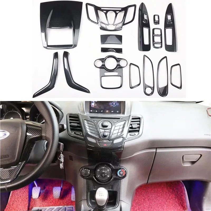 Cubierta de Consola Central de Navegación de Color de fibra de carbono, embellecedor de reposabrazos para puerta, accesorios interiores para Ford Fiesta 2008-2013