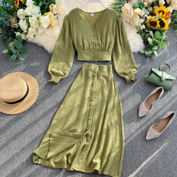 Новинка осени 2020 Женская однобортная короткая рубашка с v образным вырезом + юбка