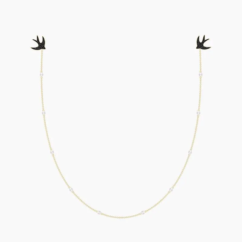 Уникальный черно белый Ласточка дизайн длинной цепи модные Earlace 925 стерлингового