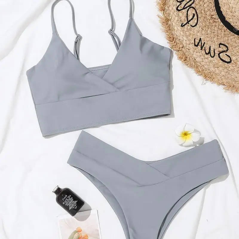 

European and American sexy color V-neck bikini split swimsuit cross swimsuit bandage bikini set push-up high waist b