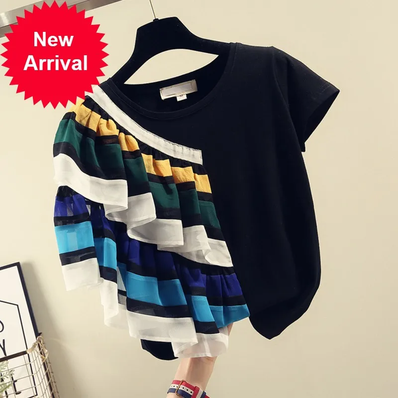 

Round Collar Short Sleeve T-shirt Women's 2019 Summer New Korean Half-sleeve Jacquard Lotus Leaf Side Printing Slimming Tshirt