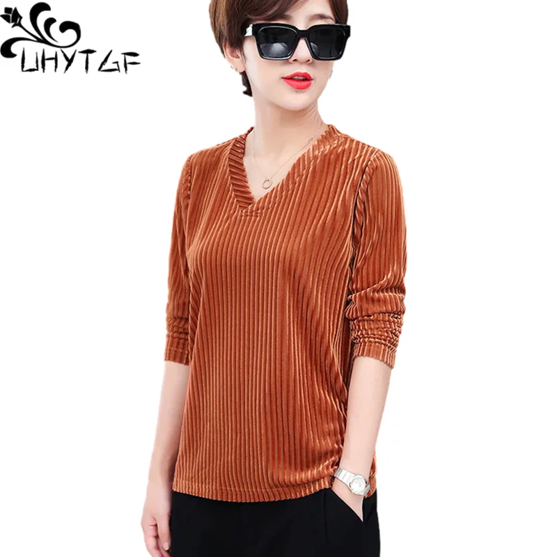 

UHYTGF Autumn T-Shirt Women High-End Corduroy Casual Top Female Long-Sleeved Pullover Loose 5XL Big Size Bottoming Clothes 2039
