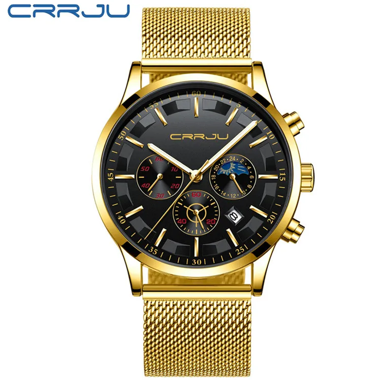 M Gold Black CRRJU мужские часы Топ бренд Роскошные Модные Бизнес Кварцевые часы мужские спортивные полностью стальные водонепроницаемые черные часы Relogio Masculino - Цвет: M Gold Black