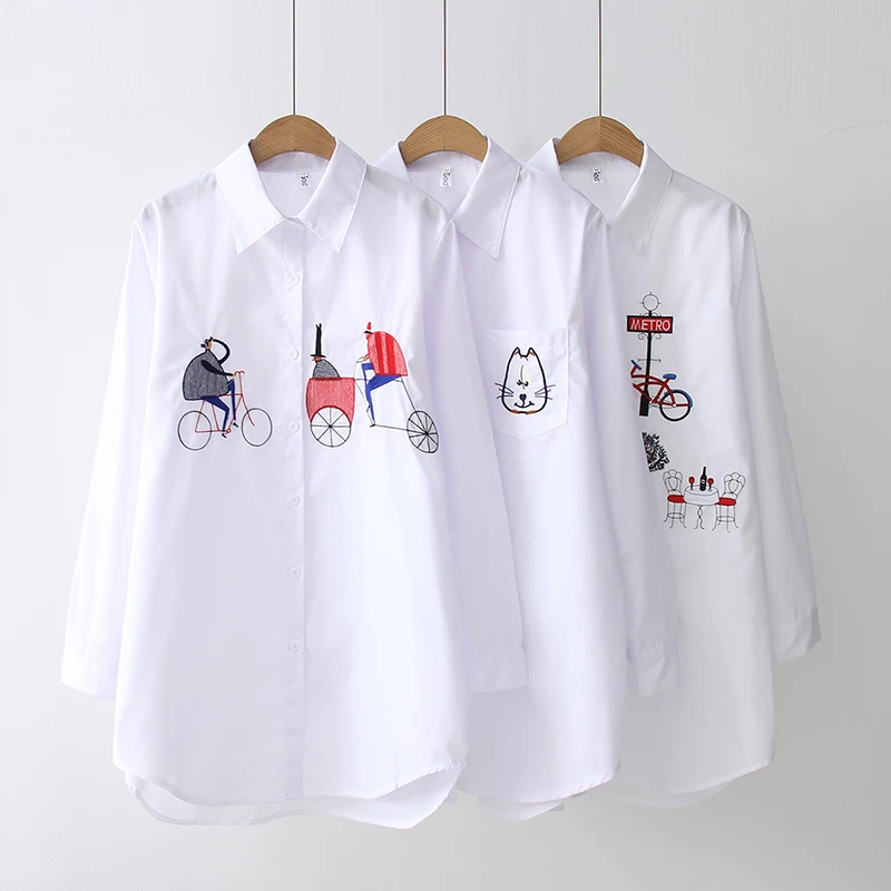 

AOSSVIAO 2022 NEW White Shirt Casual Wear Button Up Turn Down Collar Long Sleeve Cotton Blouse Embroidery Feminina HOT Sale