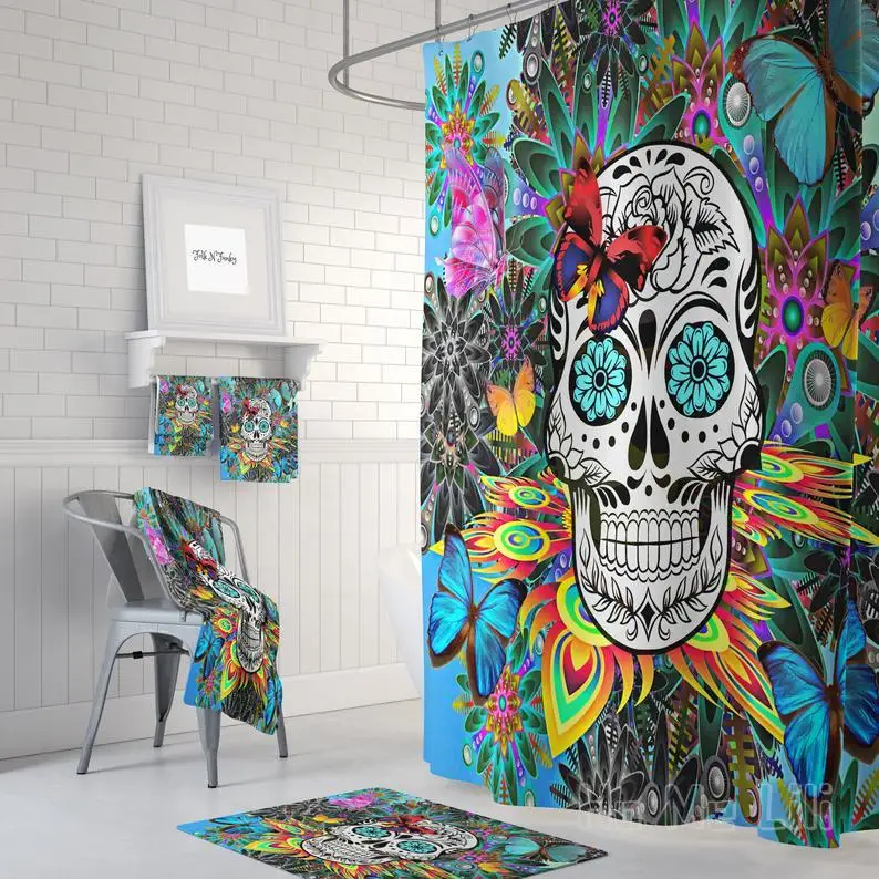 

Shower Curtain Sugar Skull Day Of The Dead Colorful Tropical