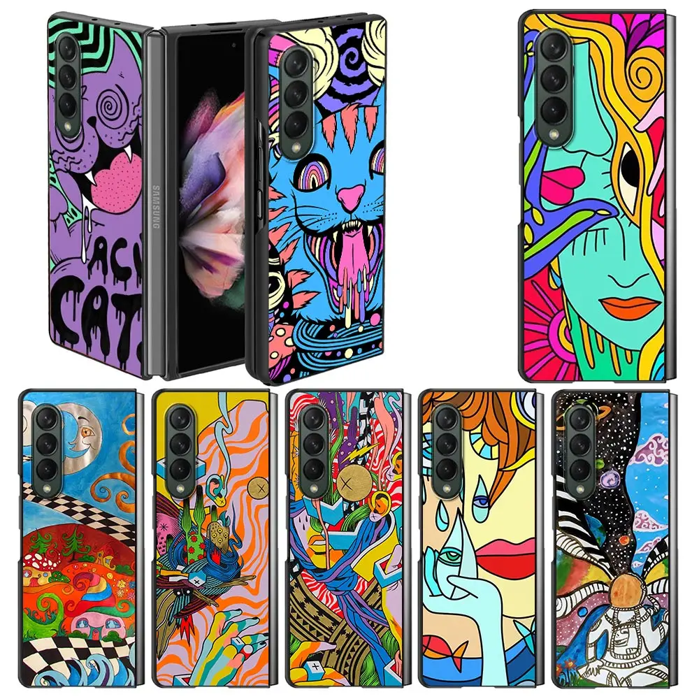 

Case For Samsung Galaxy Z Fold 3 Black Hard Phone Cover Z Fold3 5G Shockproof Bumper ZFold 3 Shell Fundas Psychedelic Trippy Art