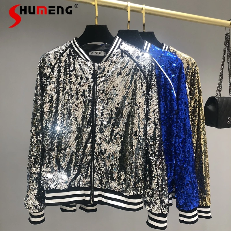 

Модная одежда, Женская уникальная бейсбольная форма с блестками, модная брендовая маленькая куртка, Женская куртка, голубые куртки Bingbing