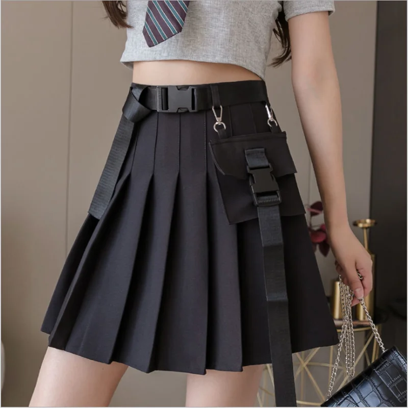

New Womens Streetwear Tooling Half-length Pleated Skirt Waist chain Black Short Skirt Fashion High Waist Harajuku Women Skirts