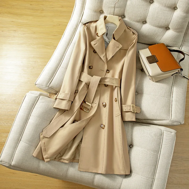 

Pop Paragraph Dust Coat Grows Female Knee British Wind High-end Luxury Fashion Temperament Double Breasted Trench Coat