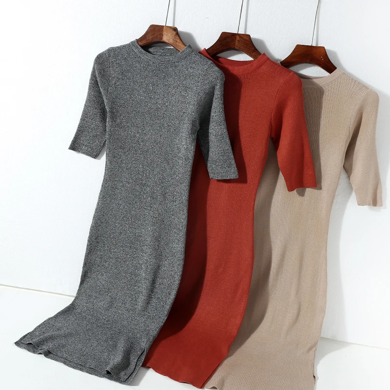 

2022 New Summer Fashion Sheath Knitted Dresses Women Slim Work Wear Bodycon Dress All-Match O-Neck Pencil Vestidos