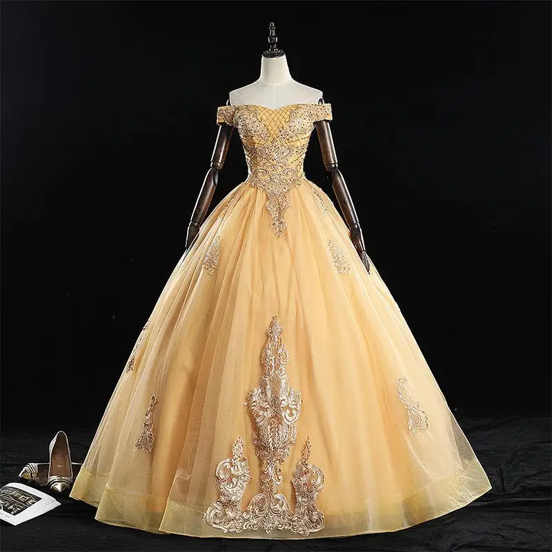 

VESHJA DASMES Золотое роскошное бальное платье с открытыми плечами, винтажное кружевное платье с вышивкой для выпускного бала