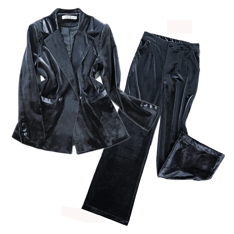 Spring and autumn women's new temperament high quality Solid color gold velvet blazer trousers business casual OL two-piece suit | Женская