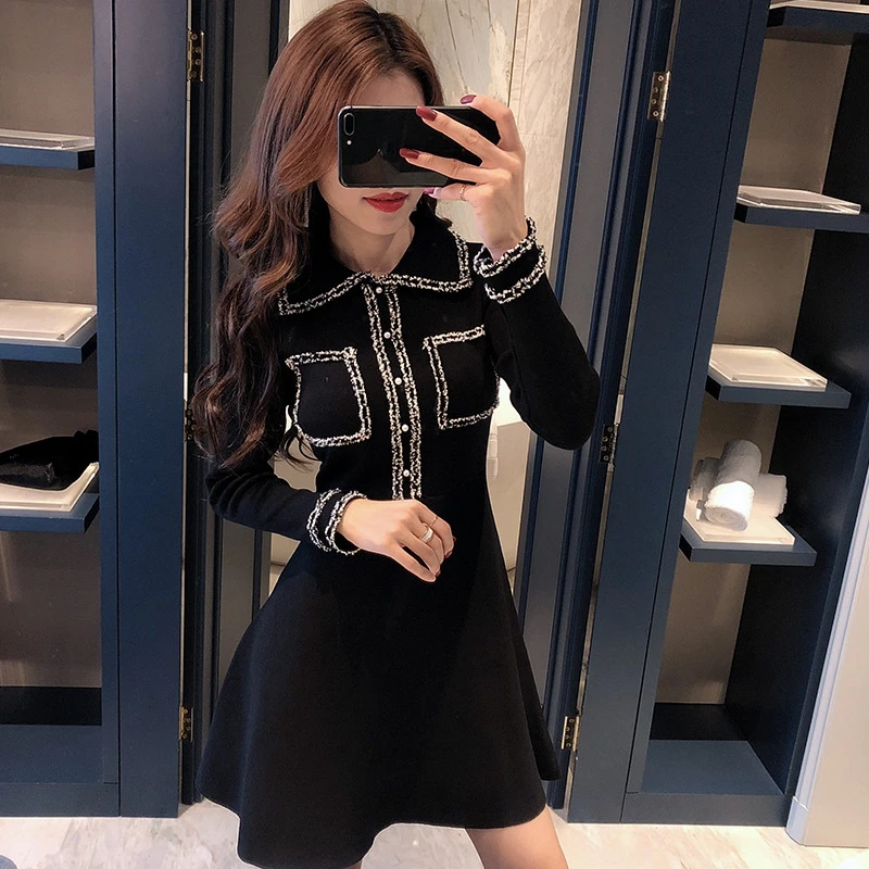 Женское платье с длинным рукавом летнее черное отложным воротником | Женская