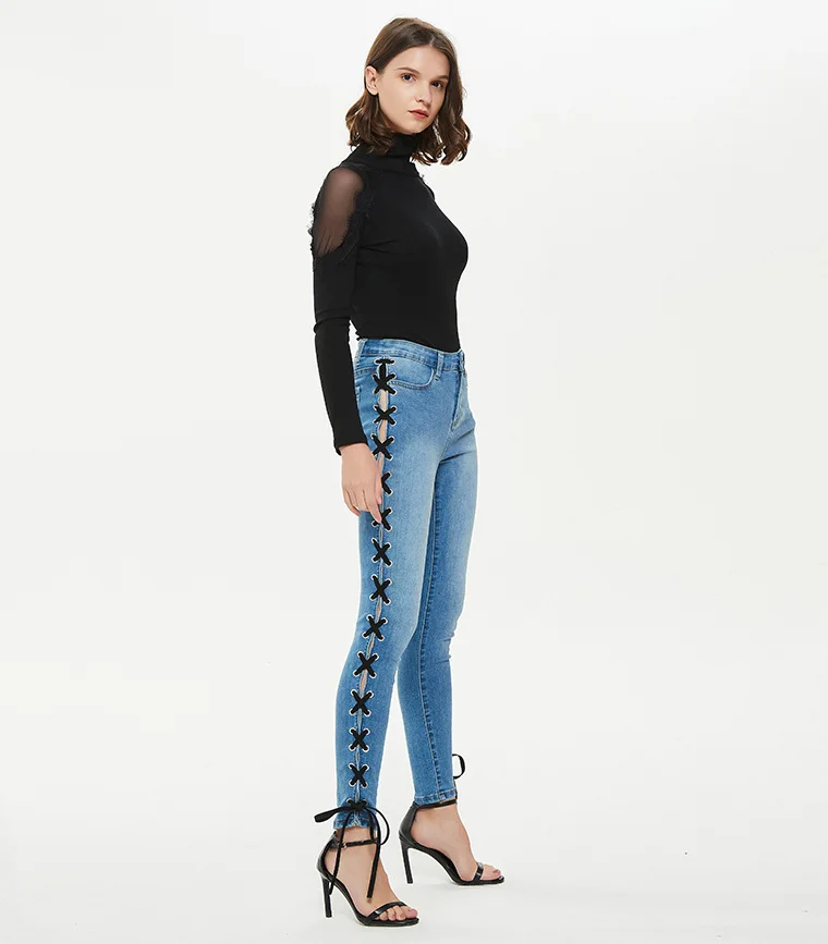 

2021 spring trousers cross-leg straps slim slimming jeans sexy slim-fit tethered jeans trend