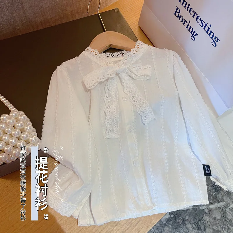 

Новинка, Детская осенняя одежда, рубашка для девочек, белая рубашка с бантом, кружевная рубашка в Корейском стиле с длинными рукавами