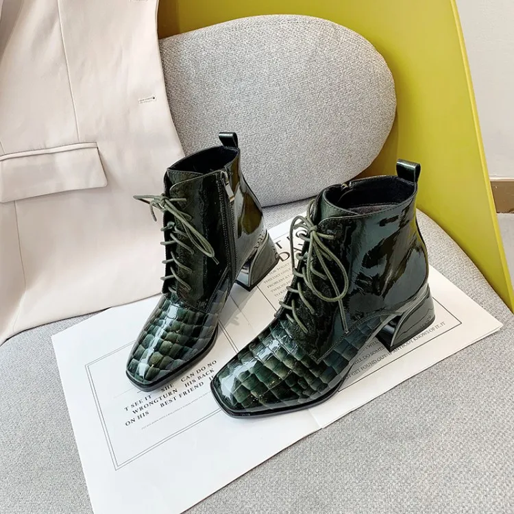 MLJUESE 2020 women ankle boots cow leather lace up green color checkered high heels winter short plush party dress | Обувь