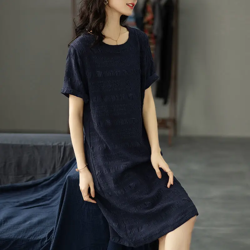 

21 Summer New Fashion Mid-length Dress Large Size Loose Casual Thin Gentle Solid Color Over The Knee Round Neck Women's Clothing