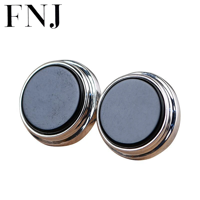 

FNJ Round Black Agate Earrings 925 Silver Original Pure S925 Sterling Silver Stud Earring for Women Jewelry