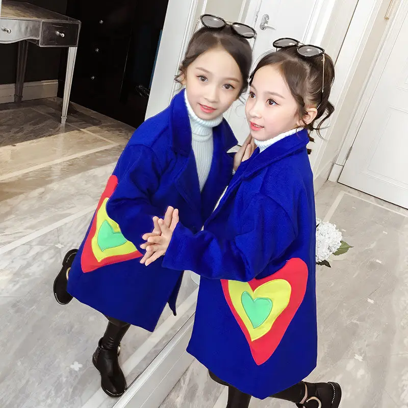 Зимнее пальто для девочек новинка 2020 модное осеннее шерстяное с сердечками