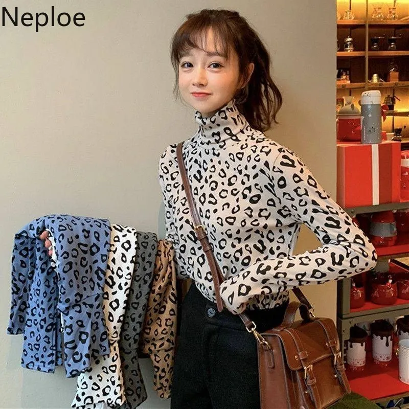 Neploe/Корейская Осенняя новая футболка с леопардовым принтом облегающие футболки
