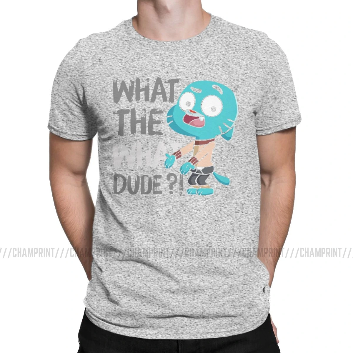Men T-Shirt What The What Dude Creative Pure Cotton Tees Short Sleeve The Amazing World of Gumball T Shirt O Neck Tops Gift - Цвет: Серый