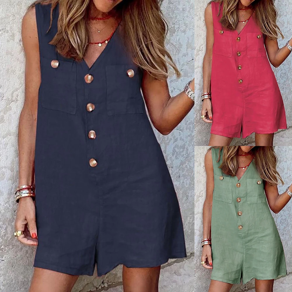 

Women Rompers Summer Casual Fashion Loose Sleeveless Jumpsuit Solid V-neck Button Pocket Playsuits 2021 D30