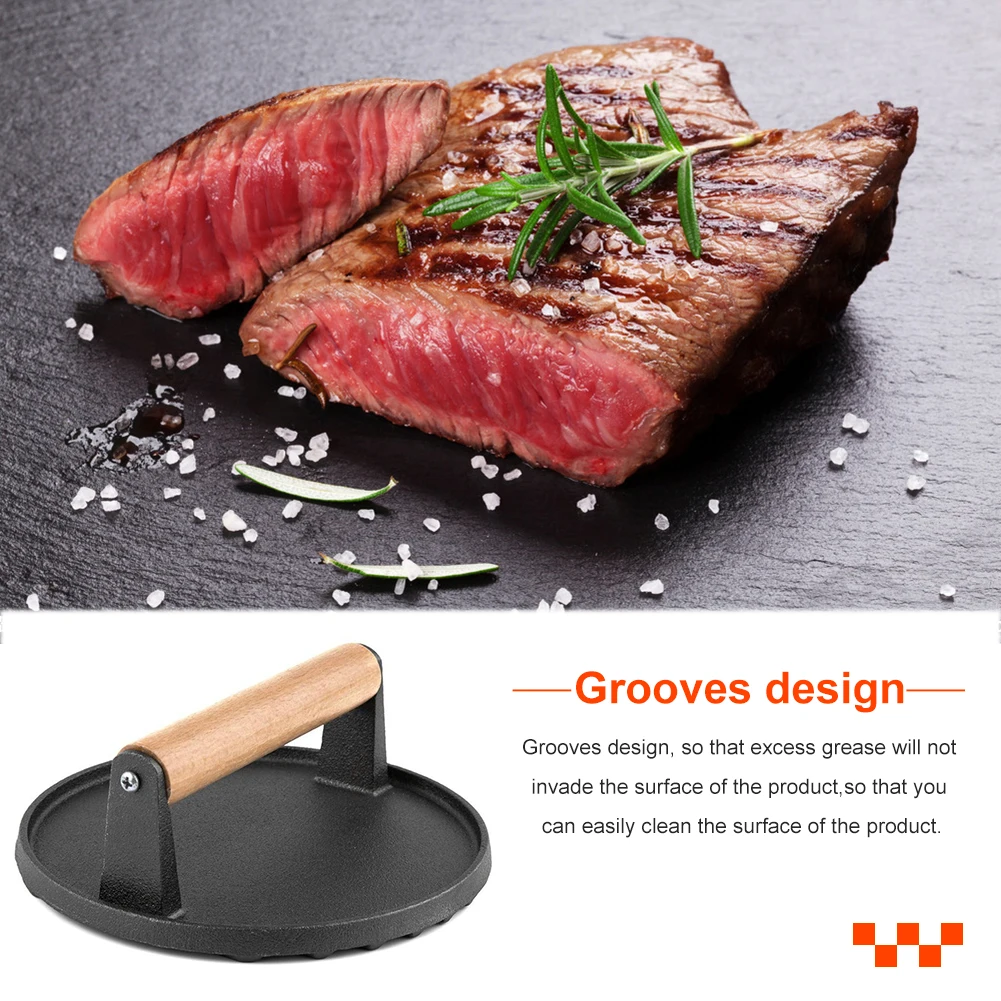 

Cast Iron Ergonomic Burger Steak Press Portable BBQ Tool Wooden Handle Grooves Round Plate Roast Sandwiches Bacon Fried Meat