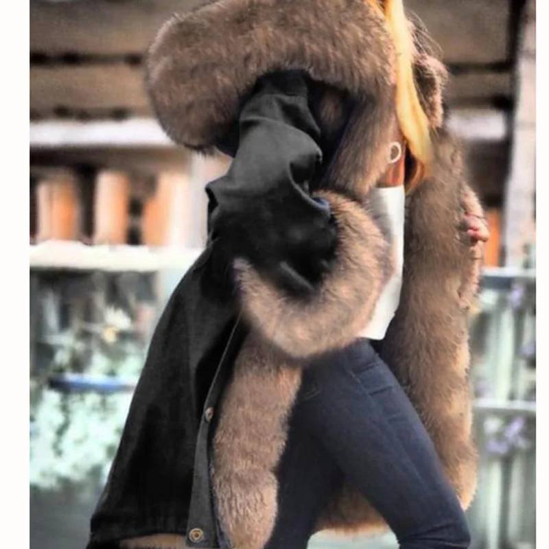 2021 X-long Waterproof Winter Women Faux Fox Fur Coat Fox Fur Collar Hood Big Fur Outerwear Detachable Faux Fur Hoodie Jacket