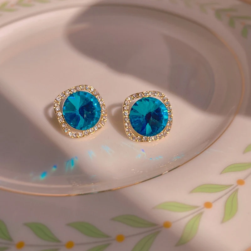 

PERMIH Women's Earrings Vintage Blue Stud Earrings Geometry Metal Gold Earrings For Women Large Rhinestone Female Earrings 2021