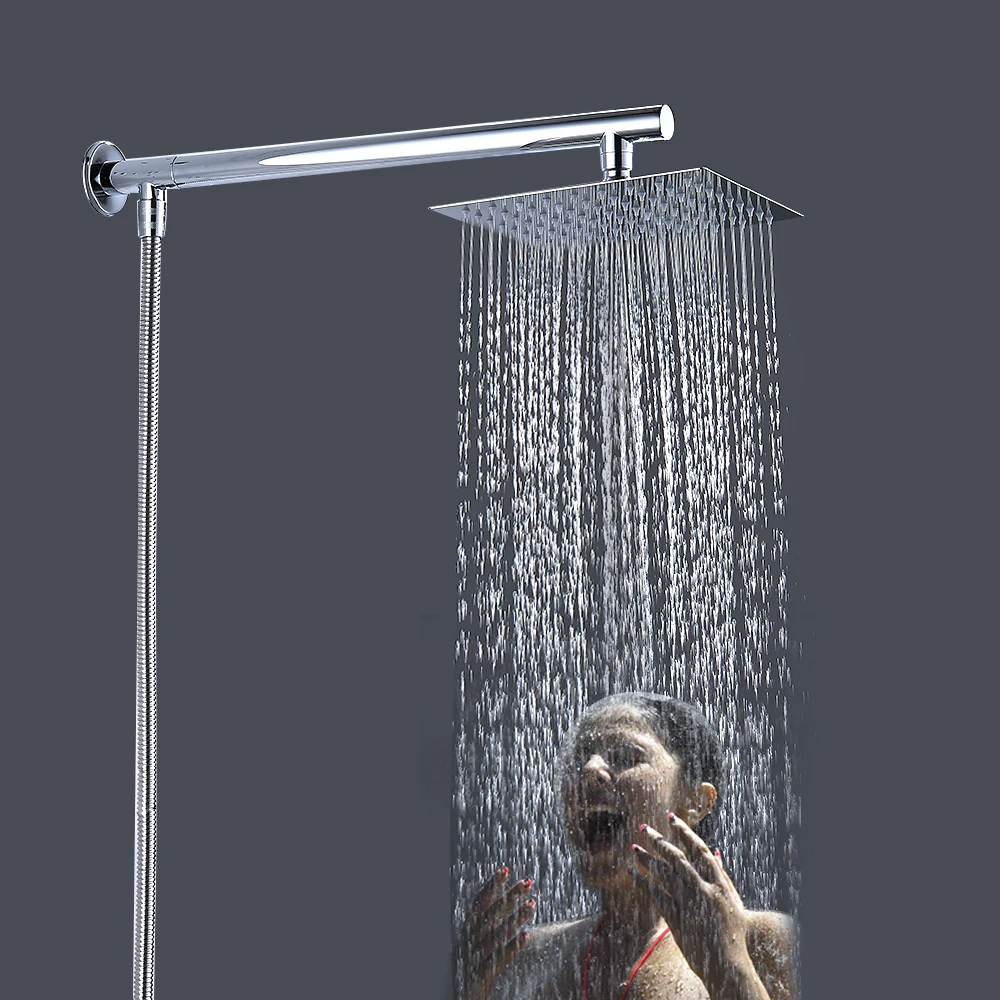 

Wall Mounted Rainfall Shower Head Set Chrome 8" Ultrathin Shower Head + Stainless Steel Shower Arm + Srainless Steel Shower Hose