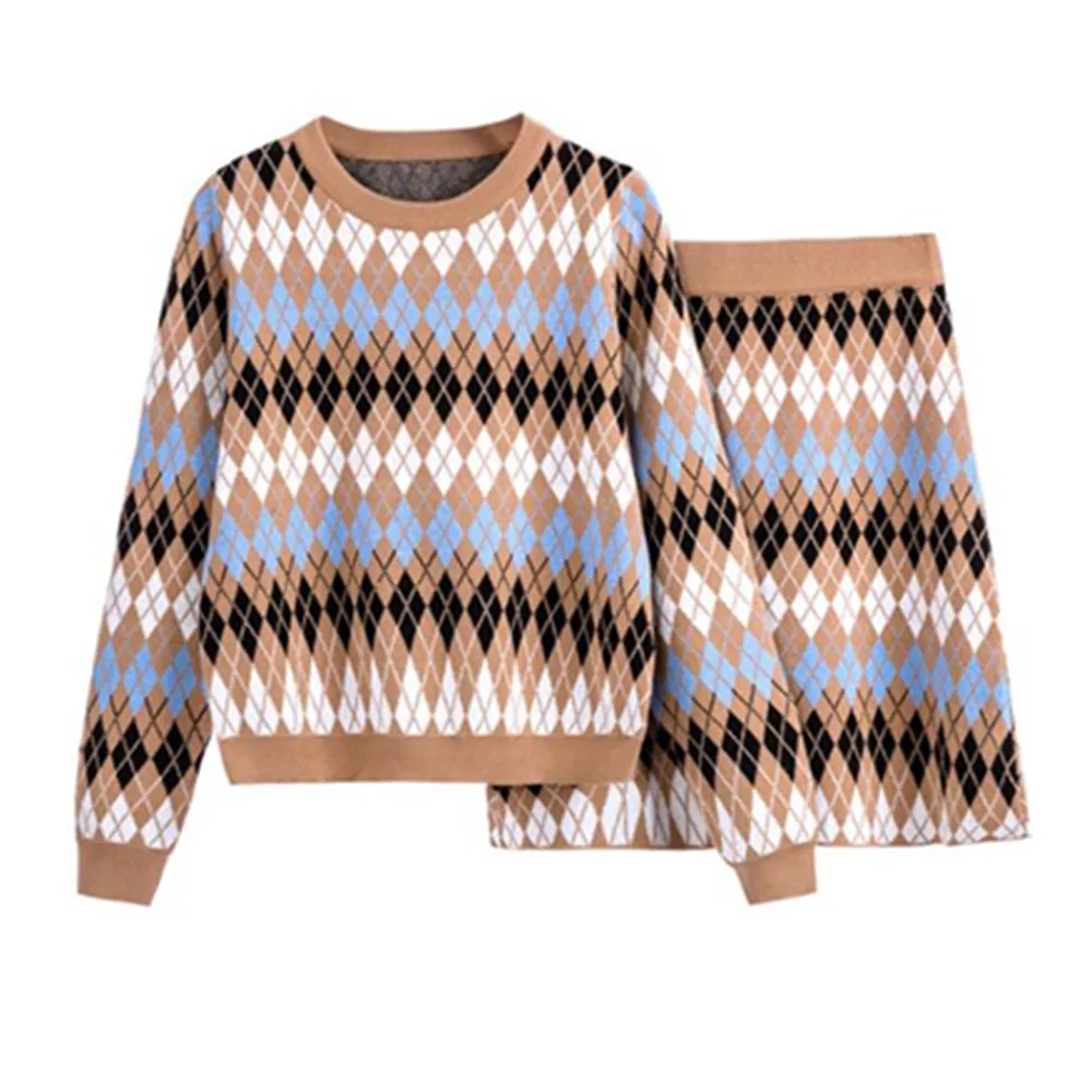 

Autumn Winter Two Piece Set Women's Knitwear Suit Long Sleeve Plaid Sweater + Knitted Skirt 2 Piece Knit Set Outfits