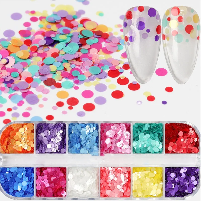 

12 grids/box Mix Sizes Dreamlike Rainbow Round Holo Circle Sequins Nail Glitter Paillette Nail Art Slice Sequins Decals Set