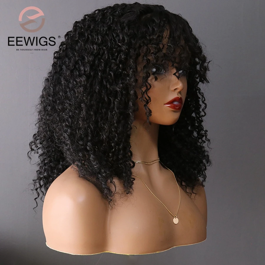 EEWIGS, высокотемпературный афро кудрявый парик с челкой, короткие синтетические парики на кружеве для женщин, бесклеевой натуральный парик